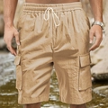 Khaki Cargo-Shorts für Herren aus atmungsaktivem Leinen mit Kordelzug und Seitentaschen - S / Khaki
