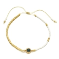 Detail of adjustable pull-string bracelet with gold beads, white pearls and green gemstone - Dark Green