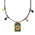 18K vergulde vierkante hanger ketting met blauw gevlochten touw en heilig hart logo - Gevlochten Touw Kroon Vierkant Heilig Hart Hanger / Goud