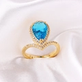 Anillo ajustable de oro con cristal azul de gota y pavé de circonitas brillantes - Estilo Halo de Piedra Principal Gota de Agua Azul Mar (Estilo 4)