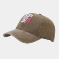 Close-up of pink ribbon and NEVER GIVE UP embroidery on washed cotton baseball cap - Adjustable / Dark Khaki