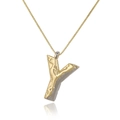 Macro shot of two-tone letter Y pendant with hammered texture on a gold box chain - Letter Y