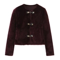 Short burgundy faux fur jacket with stylish leather cord toggle closure for women - XS / Dark Red
