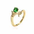 Vergulde open ring met een peervormige groene zirkoon en bladmotief met witte steentjes - Blad Ontwerp (12353) / Goud Peer Groene Edelsteen
