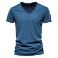 Men's V-neck short sleeve T-shirt in navy blue slub cotton with textured fabric - S / V-Neck / Denim Blue