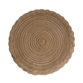Circular woven jute place mat with spiral texture and scalloped edges on white background - Brown