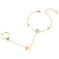 Golden hand chain ring with blue evil eye charms and sparkling clear zircon accents - Classic Round Eye Style