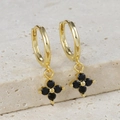 Detailed macro view of S925 golden clover earrings with elegant black gemstone inlays - Gold - Black Zirconia