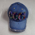 Blue denim baseball cap with rhinestone COOL letter design and colorful gemstones - Adult, Adjustable / Denim Blue COOL Rhinestones