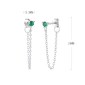 Macro detail of S925 silver chain earring with green stone and size measurements - Silver Plated 925 Silver - Green Zirconia
