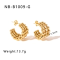 Detail showing 18k gold plated beaded C-shape earrings with 1.5cm diameter and 13.7g weight - Gold