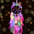 Pink unicorn dream catcher with colorful feathers and warm LED fairy lights decor - MS9017DCD Pink With Colored Light (3-Cell Battery Box)