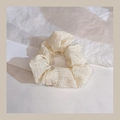 Cream plaid plush scrunchie with soft bubble texture and elastic hair tie design - 1043J Beige Puff Chiffon Checkerboard