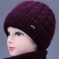 Winter knitted hood scarf combo in deep purple for elderly women with warm lining - Beanie / Deep purple