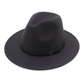 Detail of dark gray wool fedora featuring a black leather band and metal buckle accent - M(56-58cm) / Dark Gray