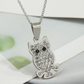 Macro shot of silver owl pendant necklace with sparkling white and black rhinestones - Silver Owl