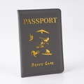 Close-up of dark gray PU leather passport cover with gold foil sport adventure icons - Gray