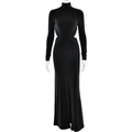 Elegant black turtleneck long-sleeve dress with waist cut-outs and a high side slit - S / Black