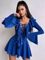 Robe moulante bleu roi avec col en V, laçage corset et détails de volants étagés - S / Bleu