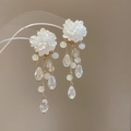 Détail de boucles d'oreilles fleurs blanches avec chaînes dorées et cristaux clairs - Boucle d'oreille pendante pompon fleur et perle en acrylique (tige en argent)