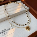 Close-up of double-layer necklace with heart tiger eye pendant and mixed bead chain - Necklace Earrings 2-Piece Set-Coffee (Real Gold Plated)