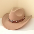 Classic light khaki wool cowboy hat with brown leather band and silver bull head icon - M (56-58cm) / Camel (Khaki Bull Head Band)