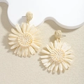 Handmade cream raffia flower earrings in a large bohemian floral woven design - Cream White Vacation Style Raffia Earrings