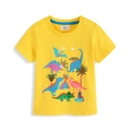 Bright yellow kids t-shirt featuring colorful cartoon dinosaur prints and round neckline - 2T / Yellow