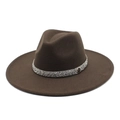 Close-up of wide brim fedora with silver rhinestone band and metallic M letter accent - M (56-58cm) / Brown