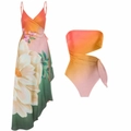 Detail of floral gradient swimsuit and wrap skirt set with waist cut-out and lace-up - Y13 Orange Sling Set