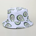 White cotton bucket hat with green avocado print for summer, double-sided sun protection - M (56-58cm) / White