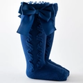 Blue knit knee-high baby socks with elegant double bow detail for a princess look - Navy Blue