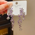 Elegant purple and silver S925 floral tassel earrings with zircon petals and long drop fringe - Silver-Purple-Flower Dangle