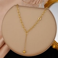 Elegant gold titanium steel Y-shaped necklace with oval link chain and solid sphere pendant - H1226 Tassel Ball Necklace Gold