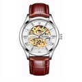 Men's automatic mechanical watch with brown leather strap and skeleton dial design - Brown Strap Silver Case White Face