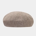 Close-up of beige knit beret featuring fuzzy texture and subtle gold tinsel details - Dark Khaki