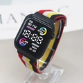 Sporty LED digital watch with colorful rainbow woven strap and black rectangular screen - Red Yellow White Black Patchwork