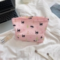 Pink fabric makeup bag with cute cat and pear patterns on a cozy lifestyle background - Black Cat Pear