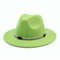 Close-up of fruit green wool fedora hat featuring woven band with leather accent details - Fruit Green