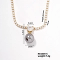Detailed view of grey pearl and crystal pendant with 40+5cm gold tennis chain specs - Square Rhinestone Gray Round Pearl (N01000-6)