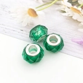 Three faceted green resin large hole beads with silver metal cores for DIY jewelry - Green