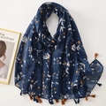 Elegant navy blue floral scarf with white flying birds and decorative tassels fringe - C1110 Navy Birds Floral
