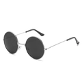 Detail of round silver metal sunglasses with dark lenses and vintage minimalist frame - Silver Frame Grey Lens