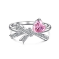 Süßer S925 Sterlingsilber-Schleifenring mit rosa Herz-Edelstein und funkelndem Zirkonia - US 7 / Schleife Herz Ring (DY120925) / Rosa