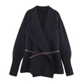 Women black long sleeve knit cardigan with lapel collar and brown leather belt accessory - S / Black