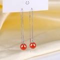 Elegantes pendientes largos de plata S925 con borlas y cuentas de ágata roja en seda - Plata 925 / Ágata roja