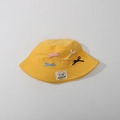 Detailed shot of yellow sun hat featuring five colorful 3D bows and woven brand label - Kids One Size / Bright Yellow