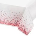 White disposable plastic tablecloth with elegant red polka dot patterns on the border - Glitter Rose Gold Dots