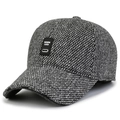 Men's wool blend baseball cap in charcoal herringbone with ear protection and warm lining - Black Label Grey