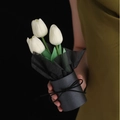 Three white PU tulips in a black cylindrical gift box with a silk ribbon bow - White Flower + Black Bucket (With Bag No Lights)